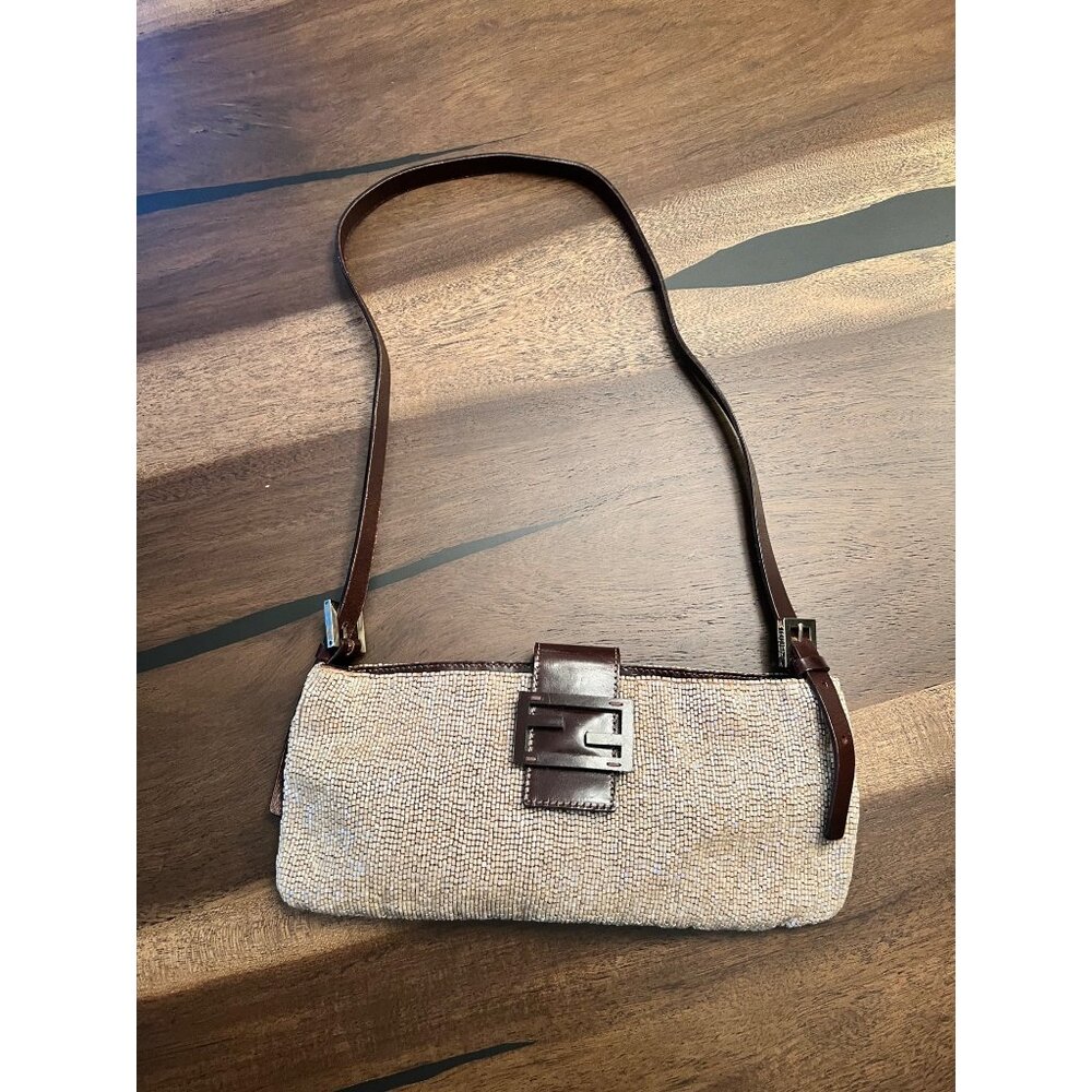 SOLD - Fendi Baguette Beaded Shoulder Bag Beige With Leather Strap & Buckle